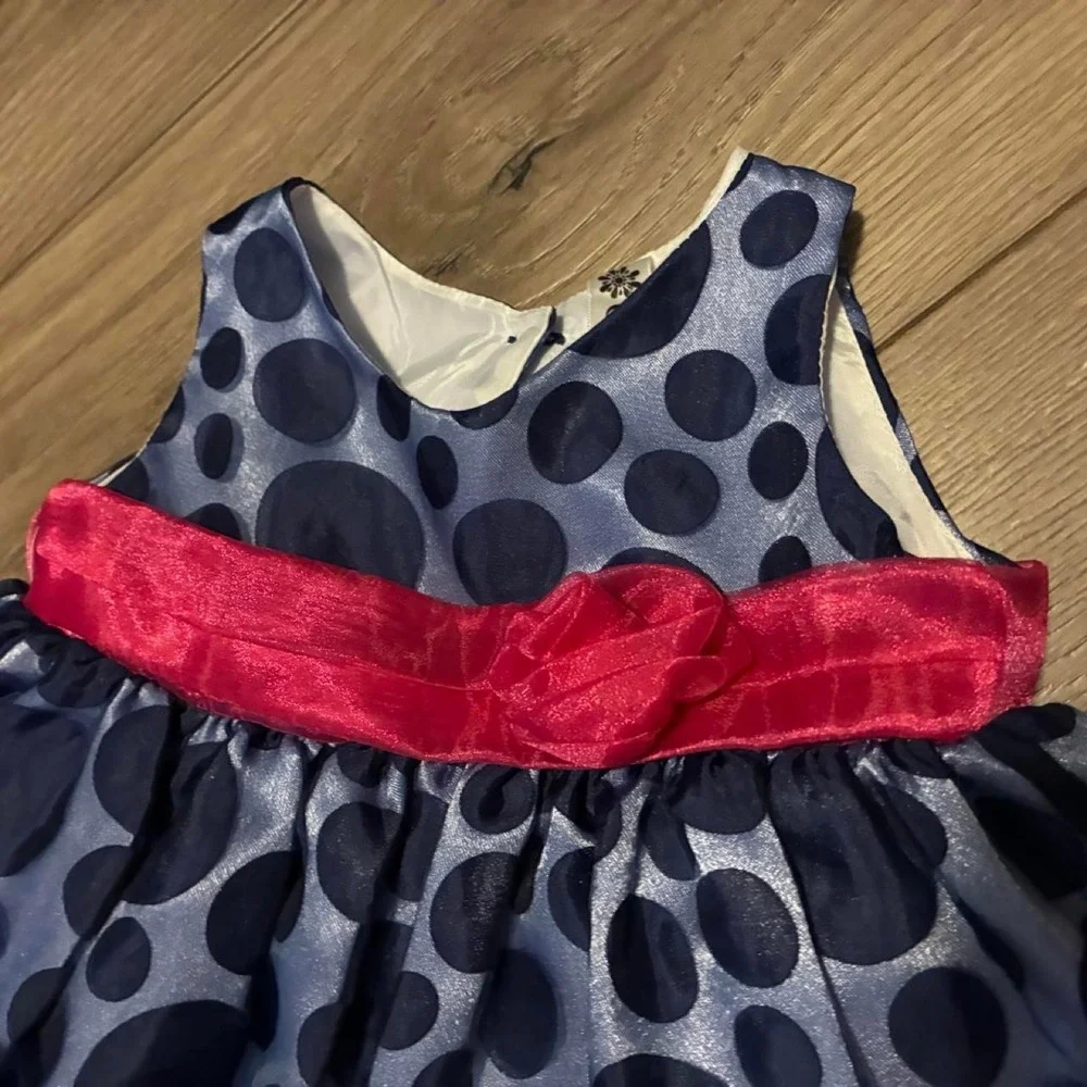 Cherokee Polka Dot Dress Baby Girl 12M Navy Blue NEW Red Bow Special Occasion